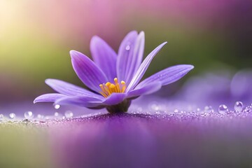 Nature's beauty is captured in dew-kissed petals on a purple flower, Morning dew enhancing the allure of a purple blossom.