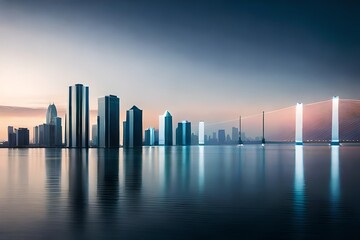 A city skyline with a bridge and a body of water, Iconic skyscrapers silhouette against the...