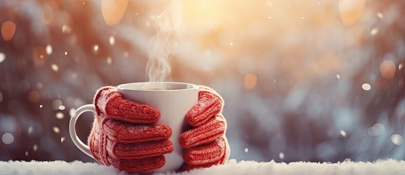  a cup of coffee with a stack of red knitted mitts on top of it in front of a snowy background.