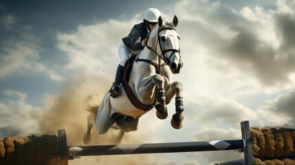 Front view of a rider on a white horse jumping over an fence. - obrazy, fototapety, plakaty