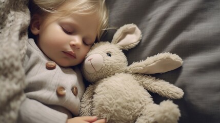 Wellness concept showcased: baby peacefully rests with a plush toy on a sleek couch.