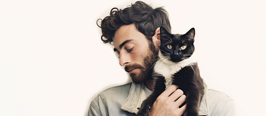 Portrait of a stylish bearded man in a shirt with a short-haired black cat in hands on a white background. Free space for product placement or advertising text.
