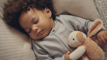 Healthcare theme captured: baby napping on a contemporary couch with a plush toy.