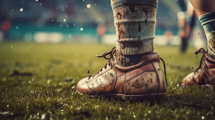 Close-up of a rugby player's feet on the stadium grass. - obrazy, fototapety, plakaty
