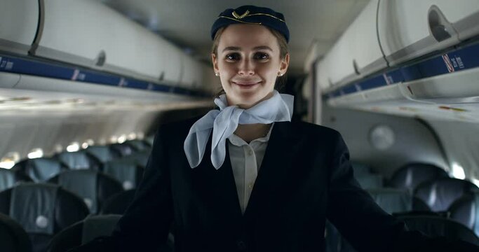 Young friendly female flight attendant air hostess is smiling in camera before welcoming passengers on aircraft for international flight of global airline.