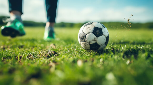 Soccer ball and football player's legs on the grass of the stadium.