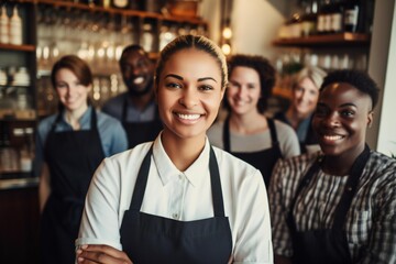 Portrait Of Happy Restaurant Staff Standing In Front Of Counter - obrazy, fototapety, plakaty