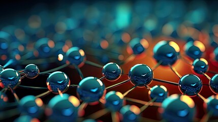 Atoms seamless pattern in orange and blue for science, medicine, research or technology backgrounds. Fantasy particles structure, macro, closeup of shiny organic texture. Seeing the invisible.