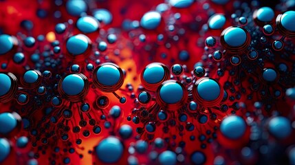 Atoms seamless pattern in orange and blue for science, medicine, research or technology backgrounds. Fantasy particles structure, macro, closeup of shiny organic texture. Seeing the invisible.