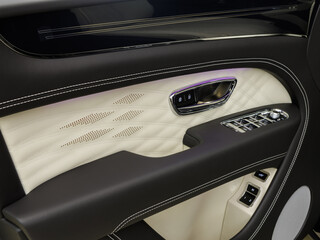 driver's door with beige leather trim and purple ambient lighting of a luxury car