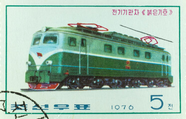 Sello postal de Corea, locomotora eléctrica 1976