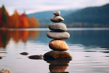 Harmonie am Ufer - Balancierte Steine schaffen natürliche Zen-Ästhetik am See