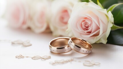 The idea of wedding accessories and wedding rings on a white wooden background.