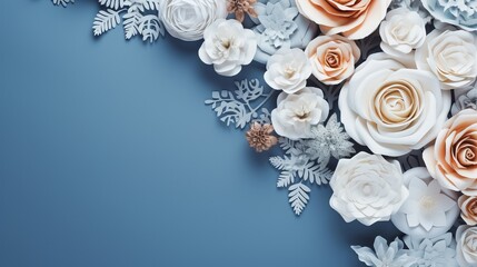 The frame of flowers with roses is stunning, with a blue background.