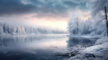Fototapeta premium Beautiful winter landscape with lake