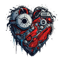 Heart mixed with robot scraps. 2D vector. White background.