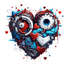 Heart mixed with robot scraps. 2D vector. White background.