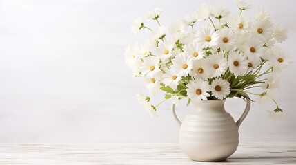 The table is white with a bucket of white flowers on it.