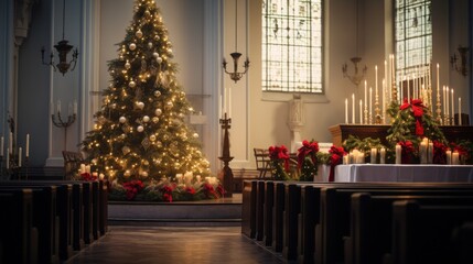 Peaceful church with gorgeous decorated Christmas tree and sun shines through the right window