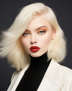 Macro closeup portrait photo of a young woman, albino, matte red lipstick,  white coat