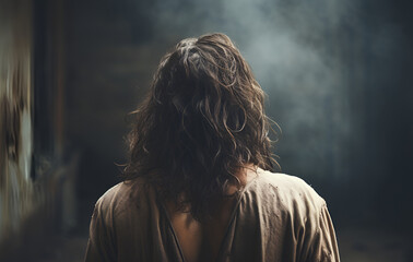 Jesus Christ view from the back. Religious concept