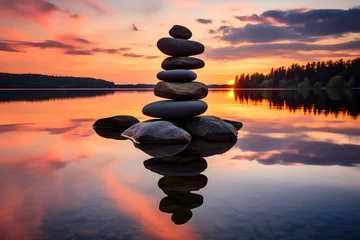 Foto op Plexiglas Harmonie am Ufer - Balancierte Steine schaffen natürliche Zen-Ästhetik am See © Seegraphie