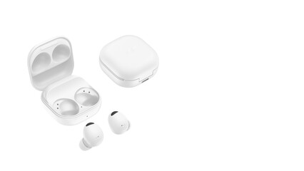 Closeup of white bluetooth earplugs and cases, isolated on white background.