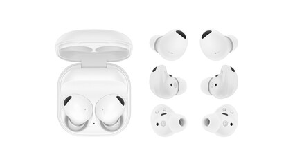 Closeup of white bluetooth earplugs and case, isolated on white background.