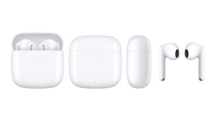 Closeup front and side view of white bluetooth earplugs cases, isolated on white background.