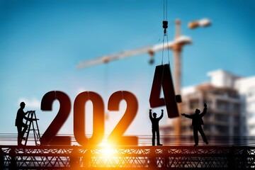 Construction 2024 Silhouette of staff. New Year concept