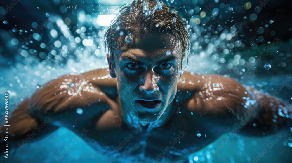 Wall mural determined swimmer's finish line approach intense vivid blue water