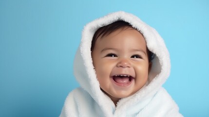 Happy infant in a studio, wearing a kid's bathrobe.