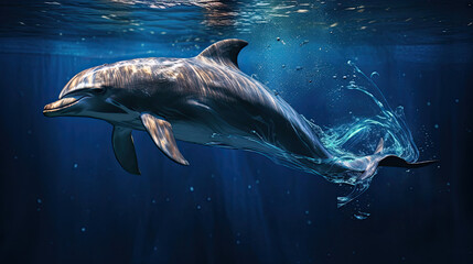Swimmer's powerful underwater dolphin kick vivid blue water