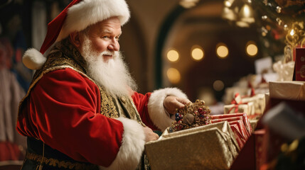 Fototapeta na wymiar Santa arranging wrapped gifts in a vintage sleigh