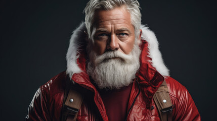 Santa in hero pose steely gaze determined maroon background