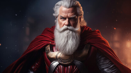 Santa as holiday hero confident stance bold crimson backdrop