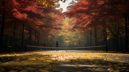 Autumn-themed mixed doubles tennis match active net play