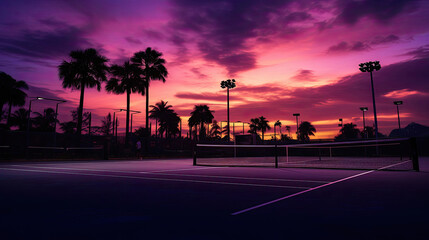Dusk doubles tennis match silhouettes and ethereal moonlight - obrazy, fototapety, plakaty