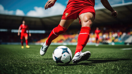 Close-up of soccer midfielder's through-pass forward sprints forward