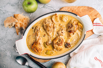 Chicken Normandy served in an enamel-coated cast-iron roaster