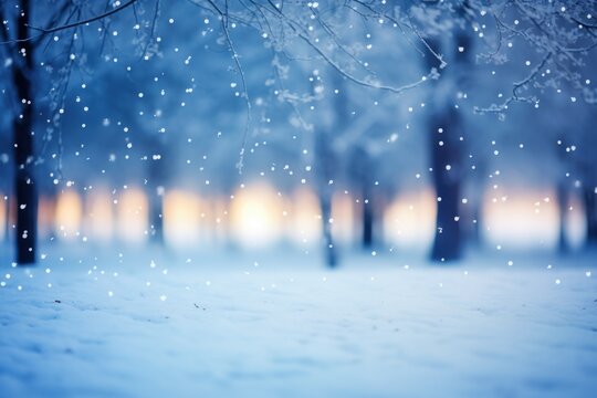 Snowy forest landscape. Winter in the woods. Snowfall against blurred trees. New Year's Christmas landscape. © Anton