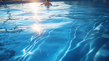 Lone swimmer slicing through open-air pool sunlight on water - obrazy, fototapety, plakaty