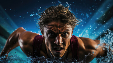 Swimmer's powerful breaststroke water dynamics colorful pool - obrazy, fototapety, plakaty
