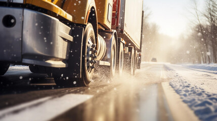 copy space, stockphoto, Extreme close up of a truck driving down a highway at snow day. Heavy truck on snowy and ice road. Dangerous weather condition for driving.