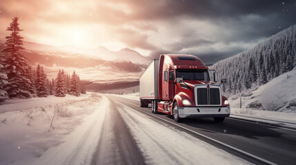 Obraz premium copy space, stockphoto, Extreme close up of a truck driving down a highway at snow day. Heavy truck on snowy and ice road. Dangerous weather condition for driving.