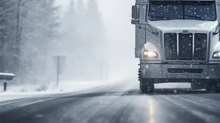 Fotobehang copy space, stockphoto, Extreme close up of a truck driving down a highway at snow day. Heavy truck on snowy and ice road. Dangerous weather condition for driving. © Dirk