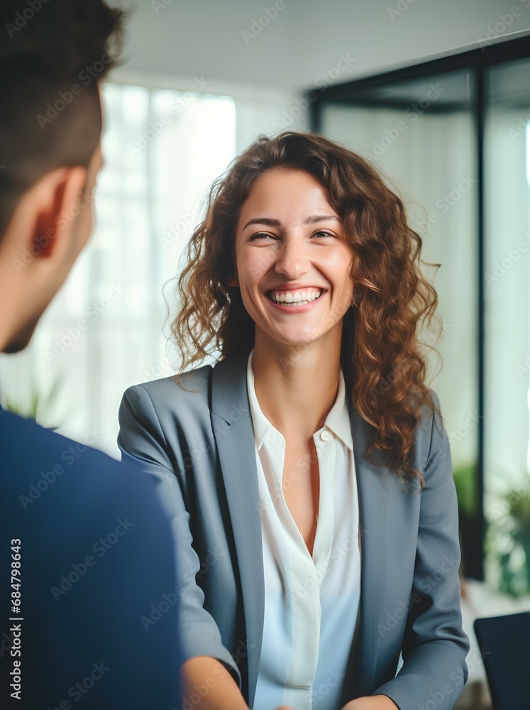 Wall mural happy business woman manager handshaking at office meeting. smiling female hr hiring recruit at job 