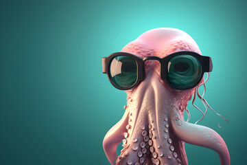Creative animal concept. Squid in sunglass shade glasses isolated on solid pastel background, commercial, editorial advertisement, surreal surrealism
