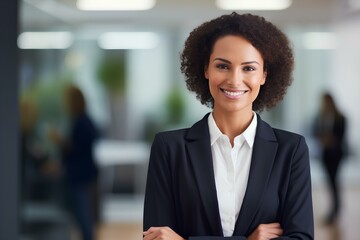 Happy African American business woman manager, smiling female hr hiring recruit at job interview. generative AI
