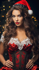 Beautiful young woman in Santa Claus clothes over christmas background